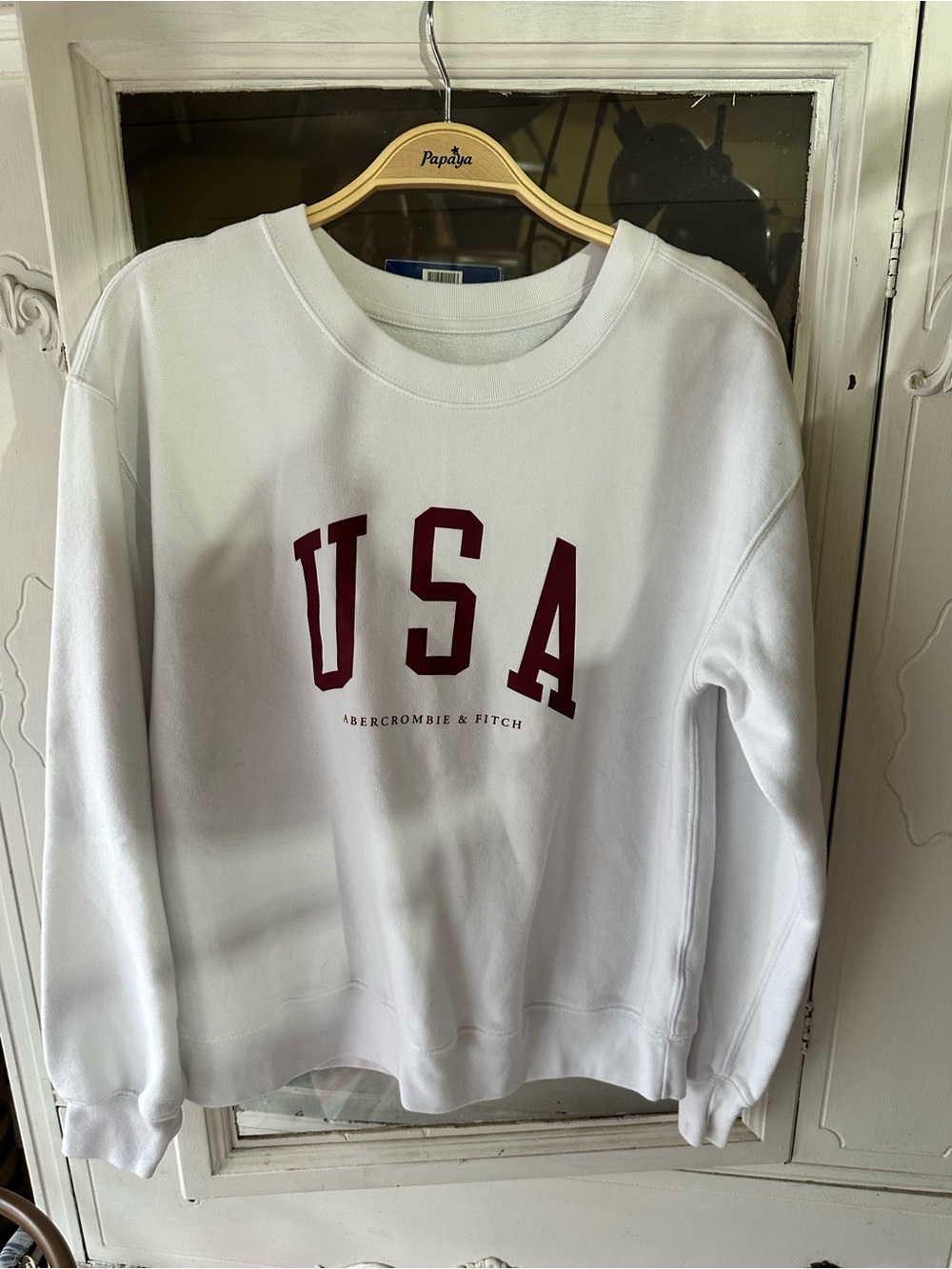 Abercrombie & Fitch White Crewneck Sweatshirt with Maroon USA Print